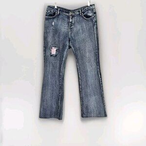 RR Jeans Womens 14/L Blue Zip Fly Distressed Embroidery Boho Shabby Chic Pockets